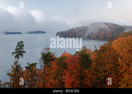 Mist Rising Off Watt Bar Lago all'alba Rhea County Tennessee Foto Stock