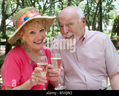 Una felice coppia senior su un picnic a fare un brindisi con champagne Foto Stock