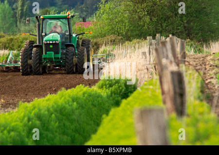 La preparazione del letto di semina prima di piantare patate in Skagit County WA Foto Stock
