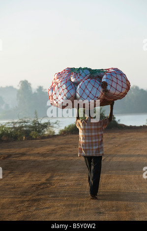 Indian uomo che porta in metallo pentole di cottura sulla sua testa in rete. Andhra Pradesh, India Foto Stock