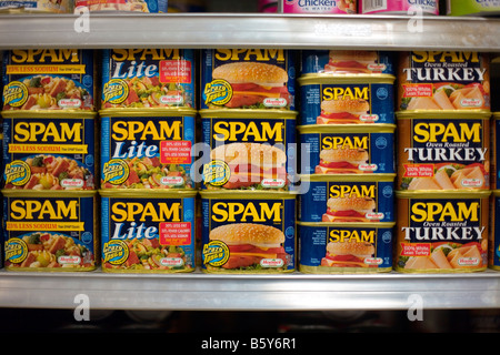 Hormel Foods' Spam conserve di carne su uno scaffale di supermercato. Foto Stock