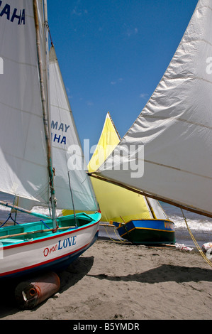 Grenada spiaggia a Gouyave barche a vela vele brillanti colori giallo rosso blu dei Caraibi meridionali Foto Stock