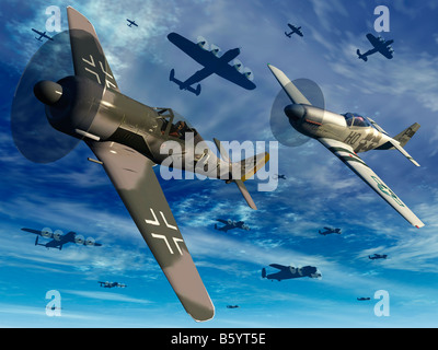 Un Americano P 51 Mustang sulla coda di un Tedesco Fokke Wolf 190 come British bombardieri Lancaster Fly Overhead Foto Stock