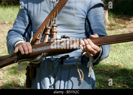 Re storico-enactor dimostrando il fucile matchlock del seicento a Henricus Virginia, la prima città inglese in America Foto Stock