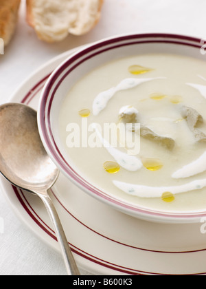 Ciotola di Vichyssoise con olio e pane rustico Foto Stock