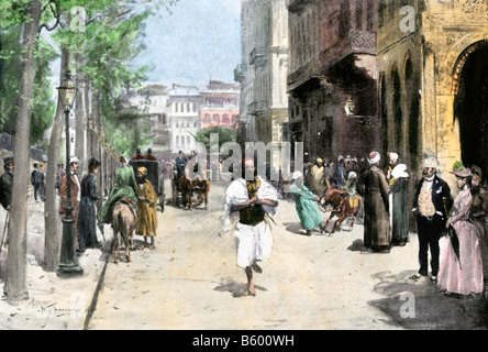 Attività di strada nel nuovo quartiere del Cairo nel 1890 circa. Colorate a mano di mezzitoni una illustrazione Foto Stock