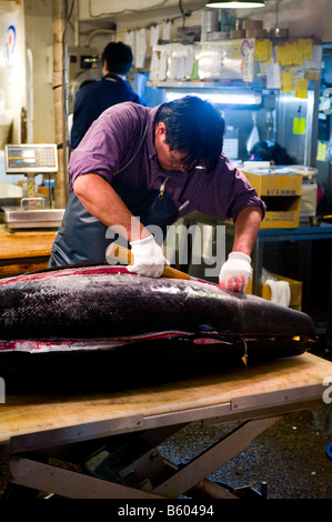 Uomo taglio di un tonno al mercato del pesce Tsukiji a Tokyo in Giappone. Foto Stock