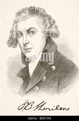 Richard Brinsley Sheridan, 1751 - 1816. Anglo drammaturgo irlandese e politico. Il suo ritratto e firma Foto Stock