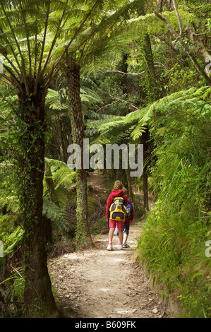 Famiglia a piedi la Abel Tasman via costiera alla Baia di corteccia di Parco Nazionale Abel Tasman Nelson regione Isola del Sud della Nuova Zelanda Foto Stock