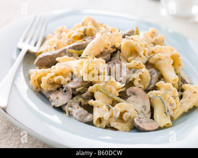 Campanelle Pasta con filetto di manzo di strisce in un saggio della granella e la salsa di senape Foto Stock