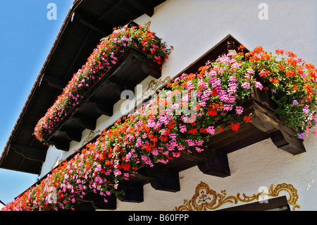 Casa tradizionale con balconi adornati con un abbondanza di gerani (Pelargonium zonale) vicino a Monaco di Baviera Foto Stock