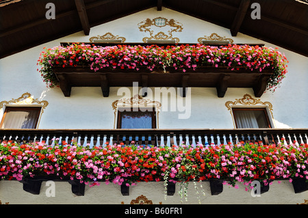 Casa tradizionale con balconi adornati con un abbondanza di gerani (Pelargonium zonale) vicino a Monaco di Baviera Foto Stock