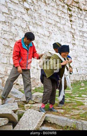 Lavoratore di sesso femminile che trasportano pesanti pietre sulle loro spalle per la ricostruzione al Monastero di Sera, Lhasa, in Tibet. JMH3700 Foto Stock