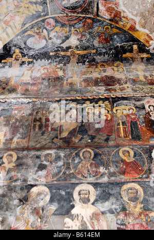 Affreschi medioevali sul soffitto della chiesa di St. Mary, Kisha e Shen Marise, Voskopoje, Albania, gamma dei Balcani, Europa Foto Stock