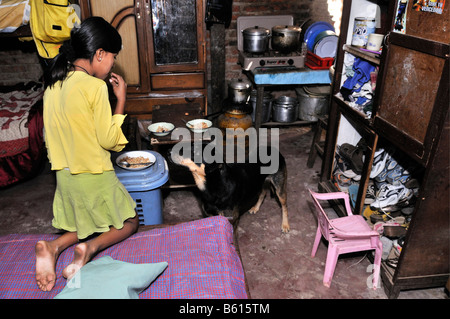 Ragazza e cane, cattive condizioni di vita nella baraccopoli Area Plan 3000, Santa Cruz, Bolivia, Sud America Foto Stock