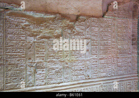 I rilievi e le rovine del Tempio di Kom Ombo lungo il fiume Nilo illuminaed di notte in Egitto Foto Stock