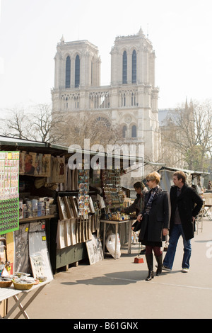 Gli osservatori pass stand di arte e fornitori sulla riva sinistra di Parigi " Senna con la cattedrale di Notre Dame in background Foto Stock