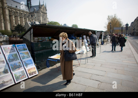 Gli osservatori pass stand di arte e fornitori sulla riva sinistra di Parigi " Senna con la cattedrale di Notre Dame in background Foto Stock