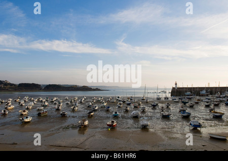 Barche da pesca spiaggiata a bassa marea nel porto di Erquy, Cote du Emeraude, in Normandia, Francia, Europa Foto Stock