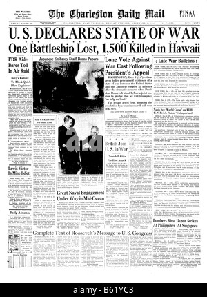 Pagina anteriore di un 1941 us giornale su il raid giapponese su Pearl Harbor Foto Stock