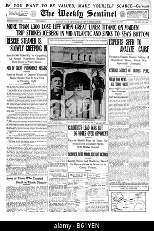 Prima pagina di un giornale statunitense del 1912 sull'affondamento del Titanic Foto Stock