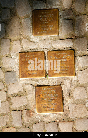 Lapidi che commemora gli Ebrei deportati nel 1942/43, di fronte a una casa in Karlshorst, Berlino, Germania, Europa Foto Stock