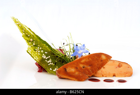 Fegato d'anatra con rabarbaro composta di cicoria, cibo, haute cuisine Foto Stock