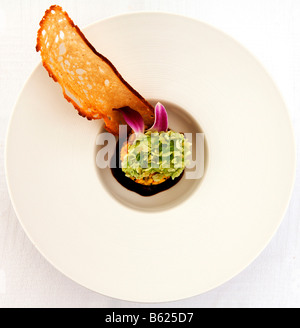 Sea-diavolo in verde sul riso safran risotto, cibo, haute cuisine Foto Stock