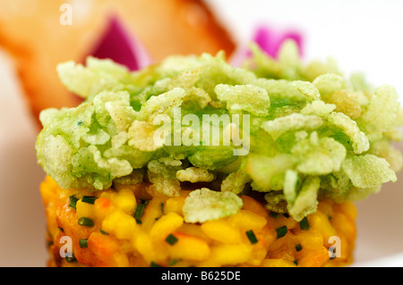 Sea-diavolo in verde sul riso safran risotto, dettaglio, cibo, haute cuisine Foto Stock