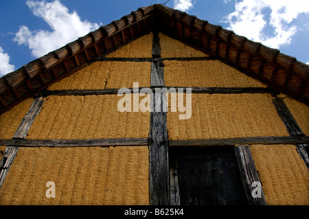 Antica facciata di un graticcio daub e casa in legno e muratura con tetto di paglia 1561, eco-museo, Ungersheim, Alsazia, Francia, Europa Foto Stock