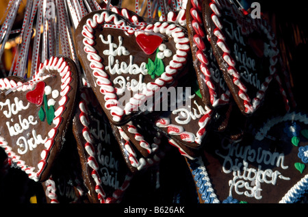 Cuori di panpepato, Oktoberfest Monaco di Baviera, Germania, Europa Foto Stock