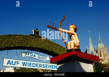 Segnale di uscita, Pfuea Gott, Auf Wiedersehen, vedere presto di nuovo, Wies'n, Oktoberfest Monaco di Baviera, Germania, Europa Foto Stock