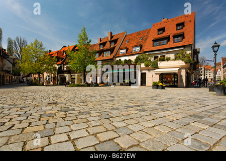 Strada di ciottoli, negozi, centro storico, Norimberga, Media Franconia, Baviera, Germania, Europa Foto Stock