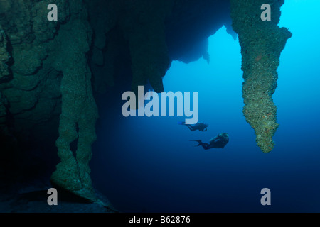 Due sommozzatori analizzando il buco blu monumento nazionale, ex grotta con enorme stlactites stalgmites e ad una profondità di 45 m Foto Stock