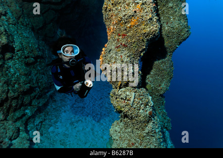Sub femmina con una lampada guardando stalctites stalgmites e che sono uniti insieme in corrispondenza di una profondità di 45m nel buco blu nati Foto Stock