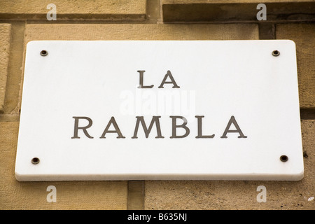 La Rambla strada segno, Barcellona, Spagna Foto Stock