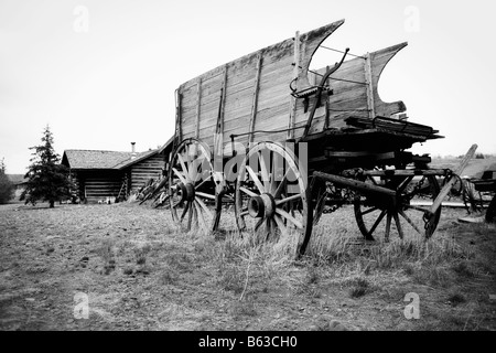 Abbandonati i carrelli a cavallo in un campo erboso, vecchio sentiero storico, Cody, Wyoming USA Foto Stock