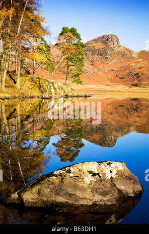 La mattina presto e il sole riflessioni in Blea Tarn su una soleggiata giornata autunnale, Parco Nazionale del Distretto dei Laghi, Cumbria, England, Regno Unito Foto Stock