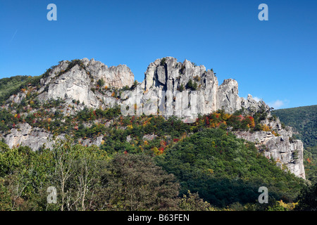 La grande rupe di Tuscarora quarzite che forma Seneca Rocks in Pendleton County West Virginia Foto Stock