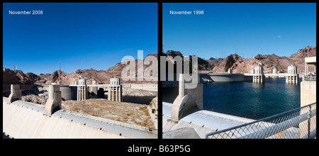 Il lago Mead presso la Diga di Hoover che mostra la bassa senza precedenti livelli di acqua nel novembre 2008 rispetto a Nov 1998, Arizona / nevada, STATI UNITI D'AMERICA Foto Stock