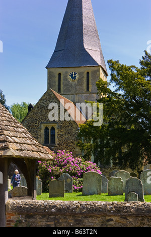 La chiesa e il sagrato della chiesa di San Giacomo a Shere village, Surrey, Regno Unito Foto Stock