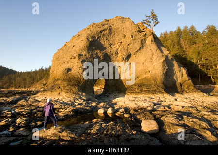 Un escursionista gode di viste in corrispondenza del foro nella parete Olympic Coast Parco nazionale di Olympic Washington Foto Stock