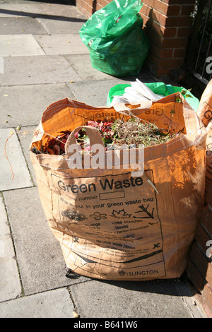 Scarti da giardino in attesa per la raccolta da parte del Consiglio in London street Foto Stock