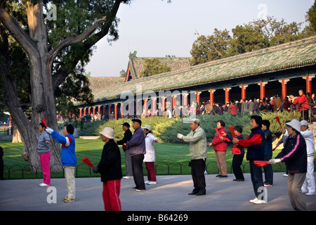 Cina, Pechino, Tempio del Paradiso Park. Senior di persone facendo esercizi del mattino. Il Tai Chi. Foto Stock