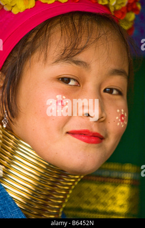 Collo lungo la bellezza di Karen, membro del Padaung hilltribe, Thailandia del Nord Foto Stock