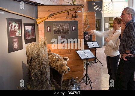 Finlandia, Kuhmo, Petola Visitor Center. Informazioni su più grande della Finlandia e carnivori preditors, come orso, lupo Foto Stock