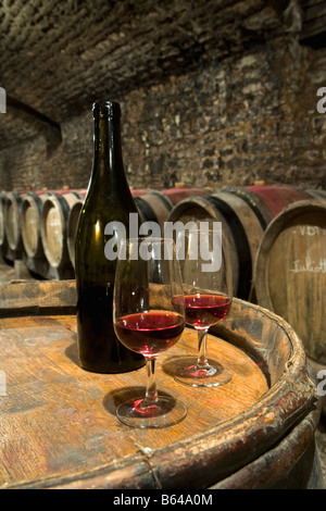 Francia, vicino a Beaune, Borgogna e degustazione di vino nella cantina. Foto Stock