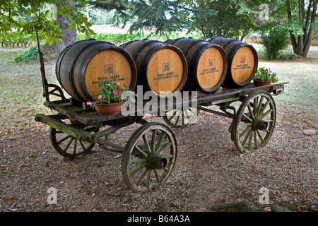 Francia, vicino a Beaune, Borgogna, il Castello di Clos de Vougeot, vigneto, vecchie botti di vino. Foto Stock