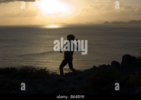 Silhouette di boy gettando una roccia San Giovanni USVI Foto Stock