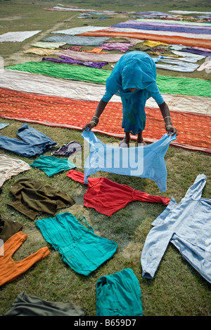 India, Lucknow, Uttar Pradesh, Campagna nei pressi di Rae Bareli, il lavaggio della biancheria. Foto Stock